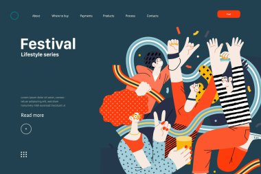 Yaşam Tarzı Şablonu - Festival - Rock Müzik Festivali 'ne katılan bir erkek ve kadının modern düz vektör çizimi. İnsan aktiviteleri konsepti