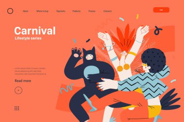 Lifestyle web şablonu - Karnaval - maskeli insanların birlikte dans ettiği, kostüm karnaval alayına katılan modern düz vektör çizimi. İnsan aktiviteleri konsepti