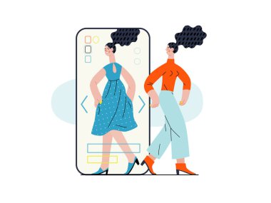 Virtual fitting - Online shopping and electronic commerce series - modern flat vector concept illustration of a woman fitting clothes in app. Promotion, discounts, sale and online orders concept