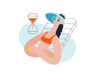 Sipariş tamamlandı - Çevrimiçi alışveriş ve elektronik ticaret serisi - modern düz vektör konsept çizimi bir kadın siparişi verdi ve güneşlenmeyi rahatlattı. Satış ve çevrimiçi sipariş kavramı