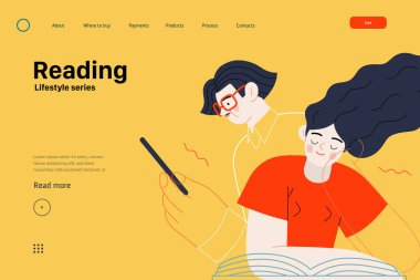 Yaşam tarzı web şablonu - Okuma - kitap okuyan bir erkek ve kadının modern düz vektör çizimi. İnsan aktiviteleri konsepti