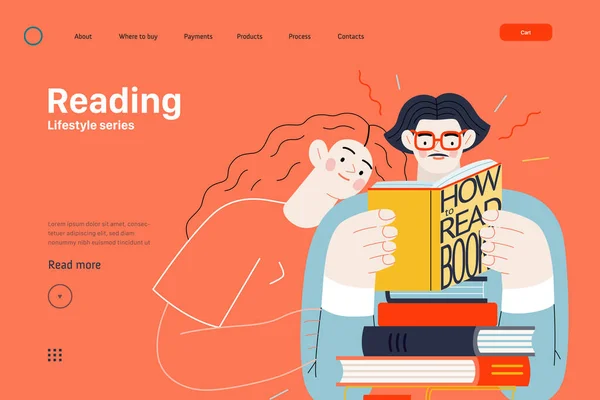 生活方式网页模板 一个男人和一个女人阅读书籍的现代平面矢量插图 人的活动概念 — 图库矢量图片