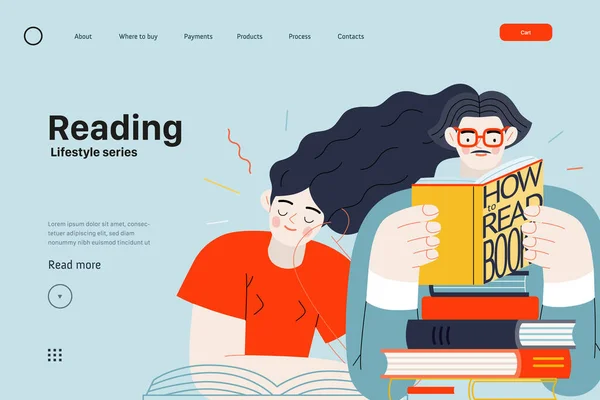 生活方式网页模板 一个男人和一个女人阅读书籍的现代平面矢量插图 人的活动概念 — 图库矢量图片
