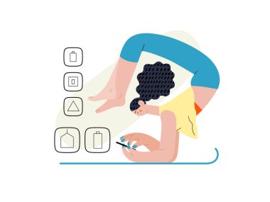 Kolay alışveriş - Çevrimiçi alışveriş ve elektronik ticaret serisi - yoga ve alışveriş yapan bir kadının modern düz vektör konsepti. Terfi, indirim, satış ve online sipariş kavramı