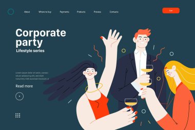 Lifestyle web sitesi şablonu - Şirket partisi - Şirketin ofisinde eğlenen ve şampanya içen iş adamlarının modern düz vektör çizimi. İnsan aktiviteleri konsepti