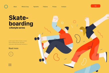 Yaşam tarzı web sitesi şablonu - kaykay - genç bir erkek ve kadın patencinin havada kaykay ile zıplamasının modern düz vektör çizimi.