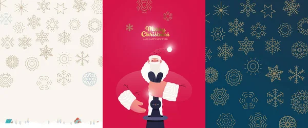 圣诞明信片上有圣诞老人和中国兔年的黄道带标志 圣诞节和新年标志的现代扁平矢量概念图解 垂直明信片套装 — 图库矢量图片