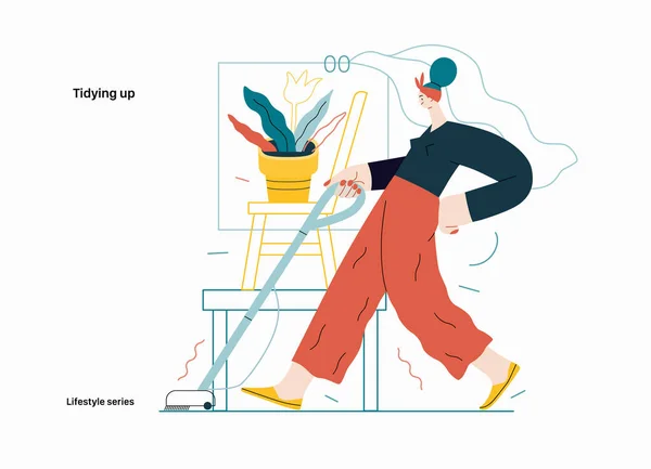 ライフスタイルシリーズ タイディングアップ ハウスキーピング 掃除機で床を掃除する女性の現代的なフラットベクトルイラスト 人々の活動コンセプト — ストックベクタ