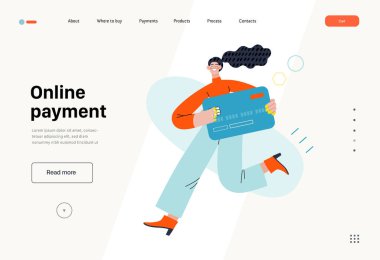 Çevrimiçi ödeme - Çevrimiçi alışveriş ve elektronik ticaret serisi - kredi kartı tutan genç bir kadının modern düz vektör konsepti. Terfi, indirim, satış ve online sipariş kavramı