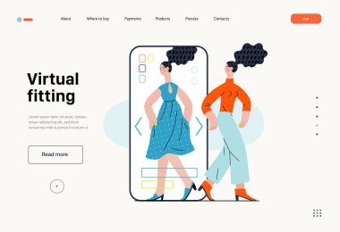 Sanal montaj - Çevrimiçi alışveriş ve elektronik ticaret serisi - modern düz vektör konsepti uygulamalara kıyafet uyduran bir kadının tasviri. Terfi, indirim, satış ve online sipariş kavramı