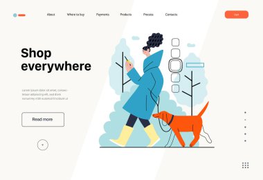 Shop everywhere -Online shopping and electronic commerce series -modern flat vector concept illustration of a woman walking with dog and shopping. Promotion, discounts, sale and online orders concept