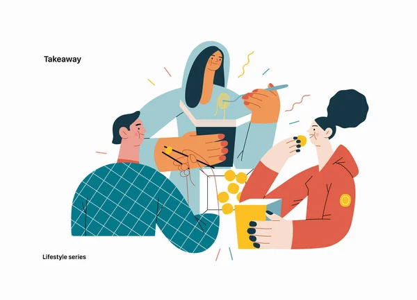 生活方式系列 一组朋友坐在家里的盒子里吃外卖食物的现代平面矢量图解 人的活动概念 — 图库矢量图片