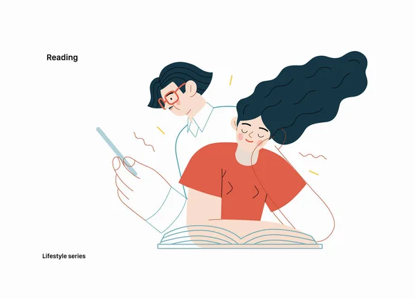 Lifestyle Series Reading Modern Flat Vector Illustration Man Woman Reading — Stock Vector