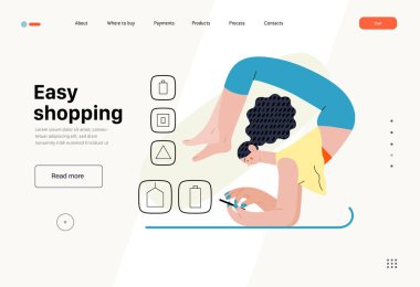 Kolay alışveriş - Çevrimiçi alışveriş ve elektronik ticaret serisi - yoga ve alışveriş yapan bir kadının modern düz vektör konsepti. Terfi, indirim, satış ve online sipariş kavramı