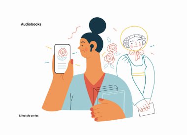 Yaşam tarzı serisi - Audiobooks - Tablet uygulamasında tomurcukları olan bir ses kaydını dinleyen bir kadının modern düz vektör illüstrasyonu ve Viktorya dönemi edebi karakteri. İnsan aktiviteleri konsepti