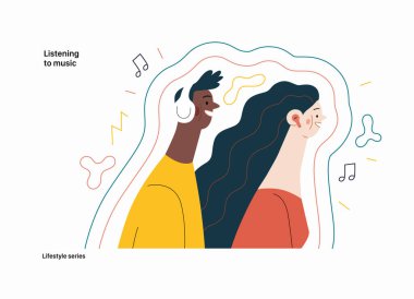 Yaşam tarzı serisi - müzik dinlemek - tomurcukları ve kulaklıkları olan ve dalgalarla çevrili müzik dinleyen bir erkek ve kadının modern düz vektör çizimi. İnsan aktiviteleri konsepti