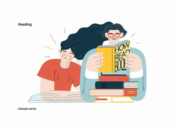 生活方式系列 阅读现代平面矢量插图的一个男人和一个女人阅读书籍 人的活动概念 — 图库矢量图片