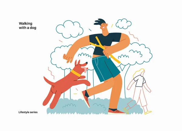 Serie Estilo Vida Caminar Con Perro Ilustración Moderna Vector Plano — Vector de stock