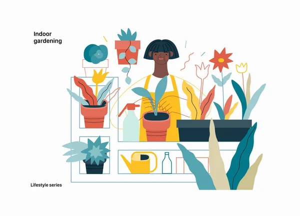 Seria Lifestyle Ogrodnictwo Wewnętrzne Nowoczesny Wektor Płaski Ilustracja Kobieta Ogrodnictwo — Wektor stockowy