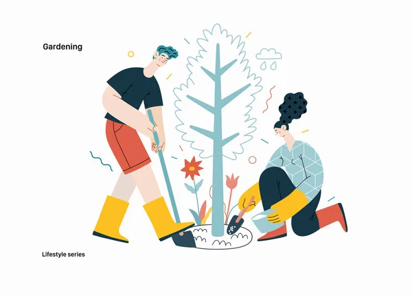 ライフスタイルシリーズ ガーデニング 男性と女性の現代的なフラットベクトルイラストは木を掘り 肥やします 植え付けとケアの園芸活動 人々の活動コンセプト — ストックベクタ