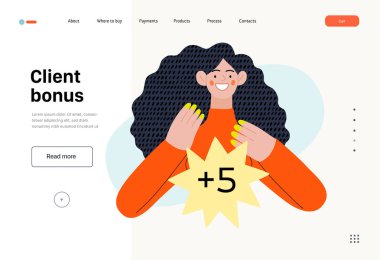 Müşteri bonusu - Çevrimiçi alışveriş ve elektronik ticaret serisi - Modern düz vektör konsepti bir kadının bonus aldığını gösteriyor. Terfi, indirim, satış ve online sipariş kavramı