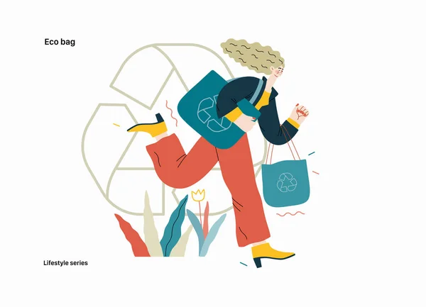 Serie Lifestyle Eco Bag Moderno Vector Plano Ilustración Mujer Sosteniendo — Archivo Imágenes Vectoriales