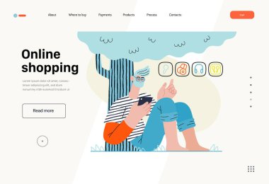 Çevrimiçi alışveriş - elektronik ticaret serisi - Modern düz vektör konsepti. Ağacın altında oturup alışveriş yapan bir adamın çizimi. Terfi, indirim, satış ve online sipariş kavramı