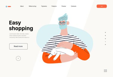 Relaxing shopping - Online shopping and electronic commerce series - modern flat vector concept illustration of a man holding a bunny in his arms. Promotion, discounts, sale and online orders concept