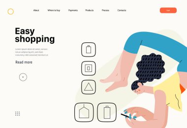 Kolay alışveriş - Çevrimiçi alışveriş ve elektronik ticaret serisi - yoga ve alışveriş yapan bir kadının modern düz vektör konsepti. Terfi, indirim, satış ve online sipariş kavramı