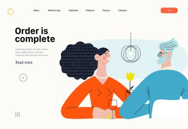 Sipariş tamamlandı - Çevrimiçi alışveriş ve elektronik ticaret serisi - Restoranda oturan bir çiftin modern düz vektör konsepti. Terfi, indirim, satış ve online sipariş kavramı