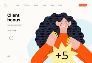 Müşteri bonusu - Çevrimiçi alışveriş ve elektronik ticaret serisi - Modern düz vektör konsepti bir kadının bonus aldığını gösteriyor. Terfi, indirim, satış ve online sipariş kavramı
