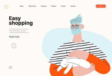 Rahatlatıcı alışveriş - Çevrimiçi alışveriş ve elektronik ticaret serisi - kollarında tavşan tutan bir adamın modern düz vektör çizimi. Terfi, indirim, satış ve online sipariş kavramı