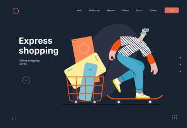 Ekspres alışveriş - Çevrimiçi alışveriş ve elektronik ticaret serisi - modern düz vektör konsept çizimi, alışveriş sepetli kaykaylı adam. Terfi, indirim, satış ve online sipariş kavramı