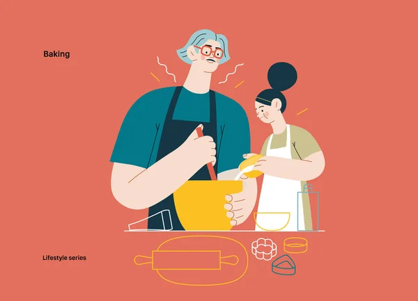 生活方式系列 现代平面矢量插图一个男人和一个女孩穿着围裙做面团 烘焙饼干 那女孩正在往混合物里倒牛奶 人的活动概念 — 图库矢量图片