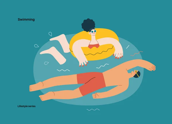 Serie Lifestyle Nuoto Moderna Illustrazione Vettoriale Piatta Uomo Una Donna — Vettoriale Stock