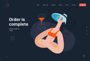 Sipariş tamamlandı - Çevrimiçi alışveriş ve elektronik ticaret serisi - modern düz vektör konsept çizimi bir kadın siparişi verdi ve güneşlenmeyi rahatlattı. Satış ve çevrimiçi sipariş kavramı