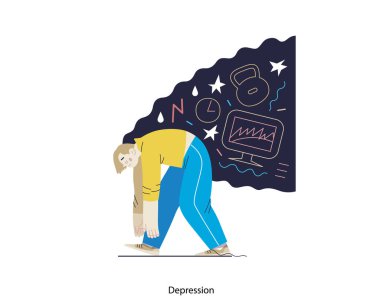 Zihinsel bozukluklar illüstrasyonu. Depresyon, sorunların ve yükümlülüklerin ağırlığı altında ezilen yorgun adamın modern düz vektör çizimi. İnsanlar duygusal, psikolojik, zihinsel travmalar konsepti