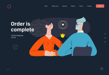 Sipariş tamamlandı - Çevrimiçi alışveriş ve elektronik ticaret serisi - Restoranda oturan bir çiftin modern düz vektör konsepti. Terfi, indirim, satış ve online sipariş kavramı
