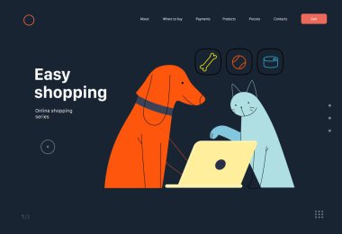 Kolay alışveriş - Çevrimiçi alışveriş ve elektronik ticaret serisi - Bilgisayardan sipariş veren evcil hayvanların modern düz vektör tasviri. Terfi, indirim, satış ve online sipariş kavramı