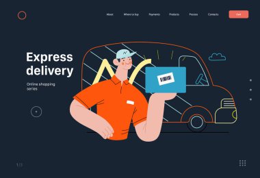 Ekspres teslimat - Çevrimiçi alışveriş ve elektronik ticaret serisi - modern düz vektör konsepti çizimi bir teslimatçı ve bir minibüs ile. Sevkiyat, satış ve çevrimiçi sipariş kavramı