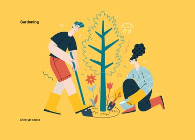 Yaşam tarzı - bahçıvanlık - bir erkek ve bir kadının bir ağacı kazıp gübrelediği modern düz vektör çizimi. Çiçek ekme ve bahçecilik faaliyetleri. İnsan aktiviteleri konsepti