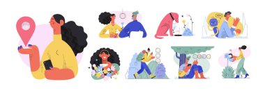 Çevrimiçi alışveriş ve elektronik ticaret illüstrasyonları - çevrimiçi alışverişte insan ve nesnelerin modern düz vektör çizimi. Terfi, indirim, satış ve online sipariş kavramı