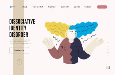 Zihinsel bozukluklar web şablonu. Dissosiyatif kimlik bozukluğu. Çift kişilikli bir kadının modern düz vektör çizimi. İnsanlar duygusal, psikolojik, zihinsel travmalar konsepti