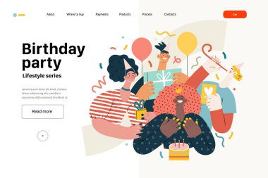 Yaşam tarzı web şablonu - doğum günü partisi - erkek ve kadınların doğum günlerini kutlayan, hediyeler veren modern düz vektör çizimi. İnsan aktiviteleri konsepti