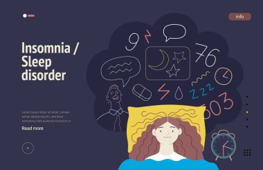 Mental disorders web template. Insomnia, sleep disorder - modern flat vector illustration of a woman meeting with a sleep disorder trying to fall asleep. People emotional, psychological, mental