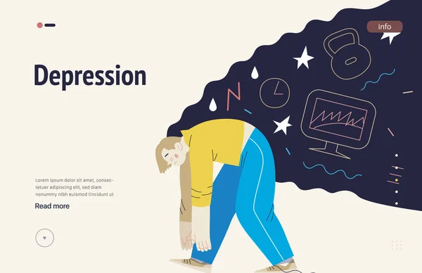 精神障害のWebテンプレート うつ病 問題や義務の重さの下で苦しんで疲れた男の近代的なフラットベクトル図 感情的 心理的 精神的外傷の概念 — ストックベクタ