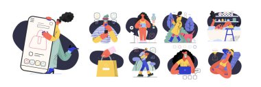 Çevrimiçi alışveriş ve elektronik ticaret illüstrasyonları - çevrimiçi alışverişte insan ve nesnelerin modern düz vektör çizimi. Terfi, indirim, satış ve online sipariş kavramı