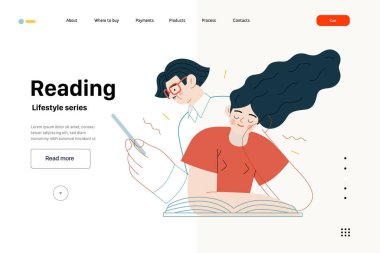 Yaşam tarzı web şablonu - Okuma - kitap okuyan bir erkek ve kadının modern düz vektör çizimi. İnsan aktiviteleri konsepti