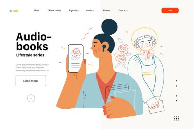 Yaşam tarzı web şablonu -Audiobooks -modern düz vektör illüstrasyonu- tablet uygulamasında tomurcukları olan bir kadını dinleyen Viktorya dönemi edebi karakteri. İnsan aktiviteleri konsepti