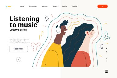 Yaşam tarzı web şablonu - müzik dinlemek - tomurcukları ve kulaklıkları olan ve dalgalarla çevrili müzik dinleyen bir erkek ve kadının modern düz vektör çizimi. İnsan aktiviteleri konsepti